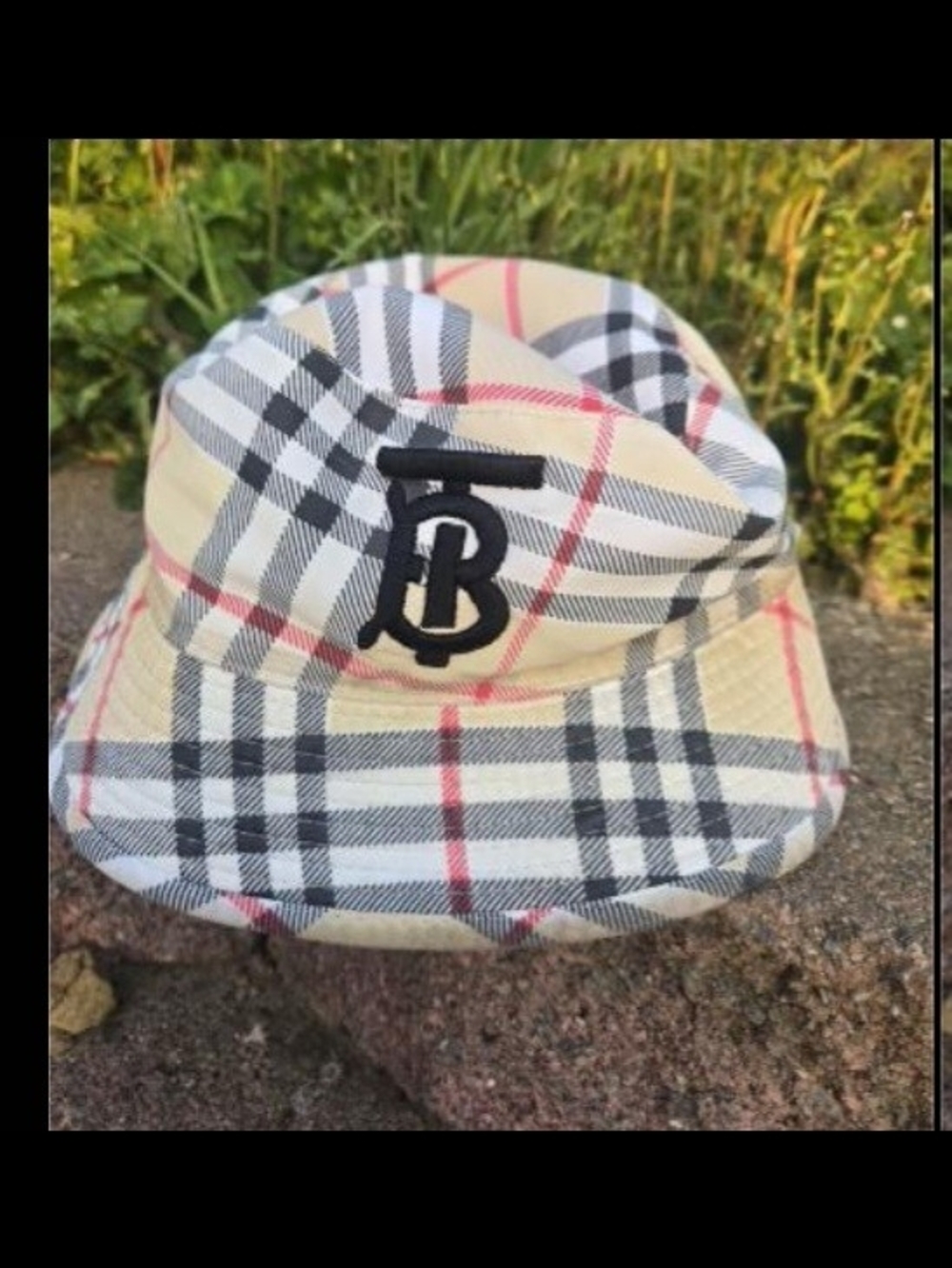 Burberry Beige Plaid Bucket Hat with Black Monogram